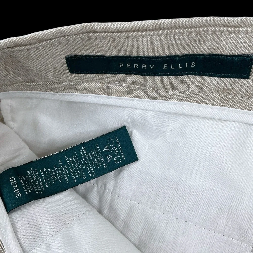 Perry Ellis Pants Men 34x30 (ACTUAL 34x29) Beige Linen Blend Straight Trousers